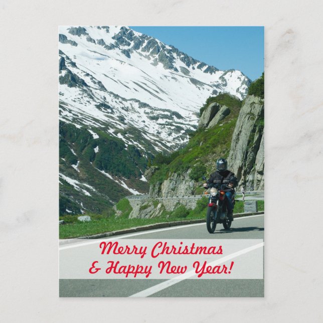 Carte Postale Motocycliste dans les montagnes enneigées Noël (Devant)