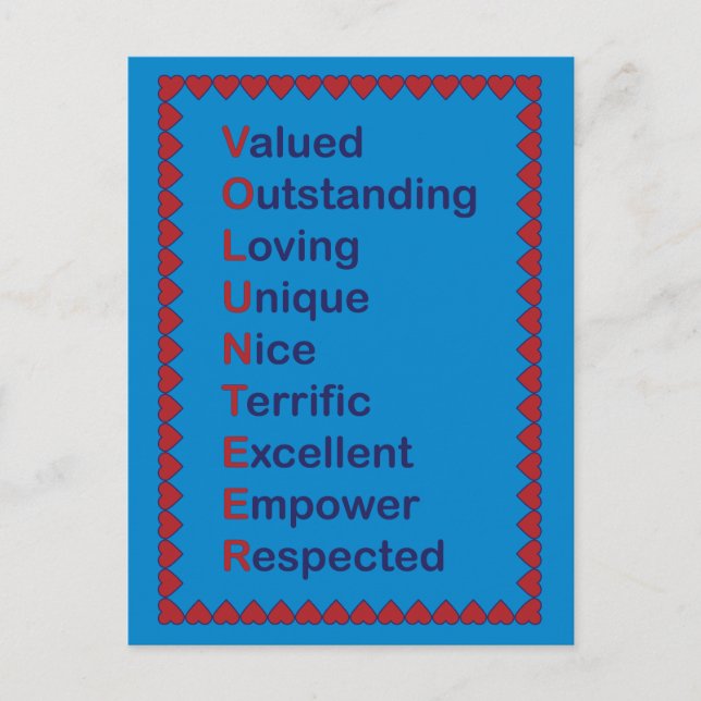 Carte Postale Mots d'appréciation du bénévole Coeurs rouges Bleu (Devant)