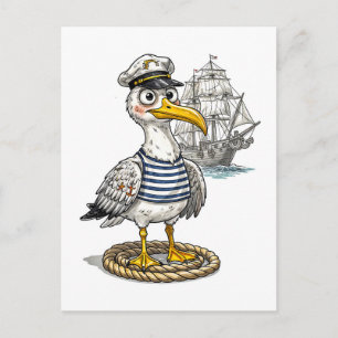 Carte Postale Mouette Marin avec Corde et Navire en Arrière-plan
