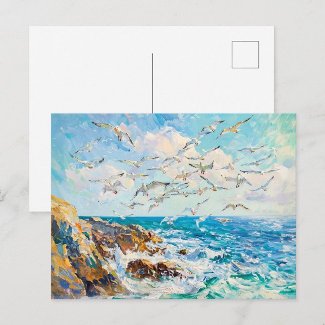 Carte Postale Mouettes au-dessus des vagues Impressionniste scèn (Devant / Derrière)