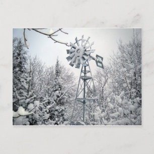Carte Postale Moulin à vent et arbres couverts de neige.