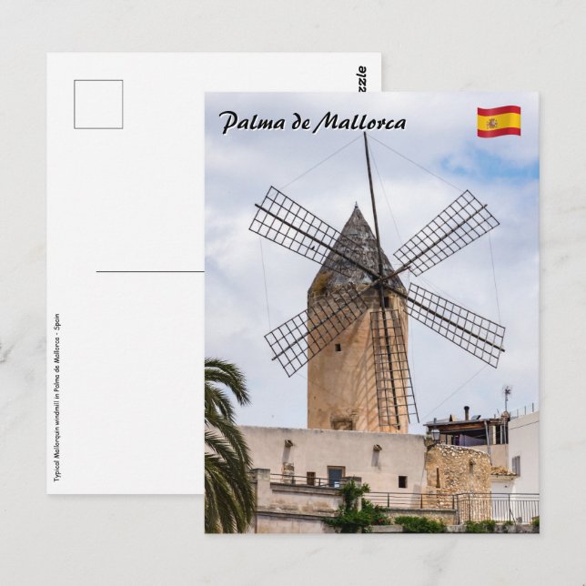 Carte Postale Moulin à vent traditionnel à Palma de Majorque - E (Devant / Derrière)