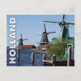 Carte Postale Moulins à vent hollandais vintage rouge vert Zaans