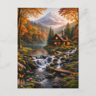 Carte Postale Mountain Cabin in Autumn Glow Serene Nature 