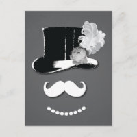 Moustache blanche, chapeau haut, plumes et rose
