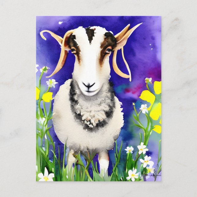 Carte Postale Mouton de Jacob de Pâques de printemps aquarelle f (Devant)