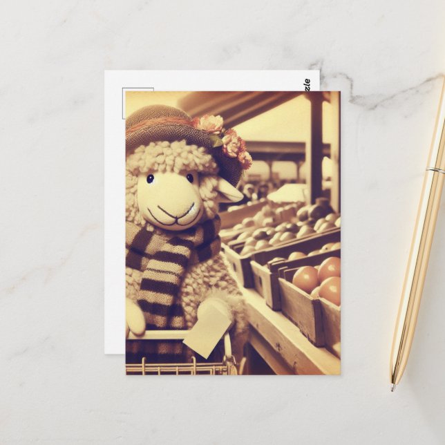 Carte Postale Mouton de shopping adorable (Devant/Arrière en situation)