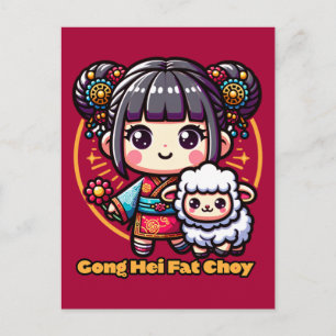 Carte Postale Mouton et fille pour le Nouvel An chinois mignon