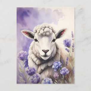 Carte Postale Mouton Laineux Et Fleurs De Lavande Aquarelle