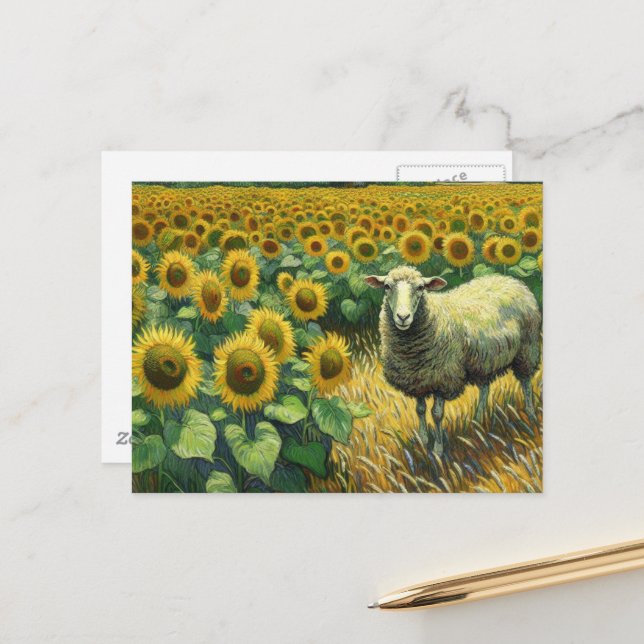 Carte Postale Moutons adorables dans un champ de tournesols (Devant/Arrière en situation)