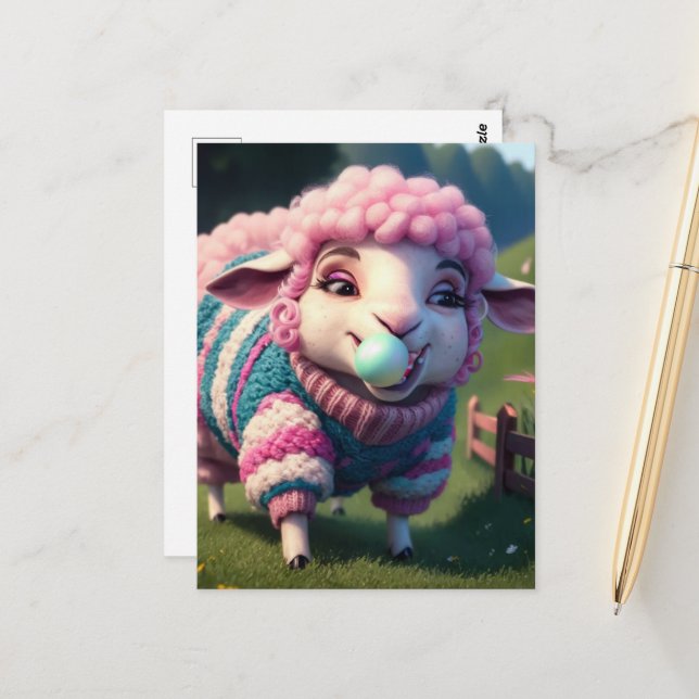 Carte Postale Moutons amusants dans une gomme à mâcher sucrée (Devant/Arrière en situation)