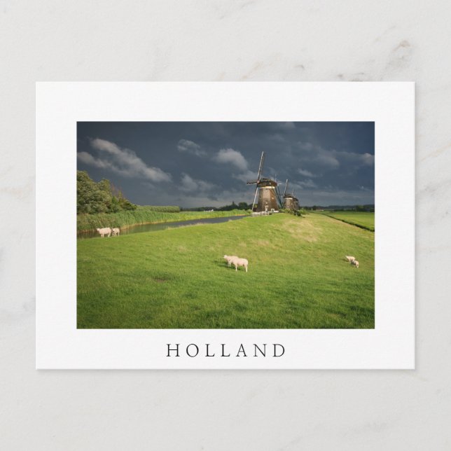 Carte Postale Moutons avec moulins à vent sous des nuages sombre (Devant)