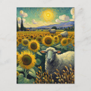 Carte Postale Moutons dans le champ de tournesol Van Gogh