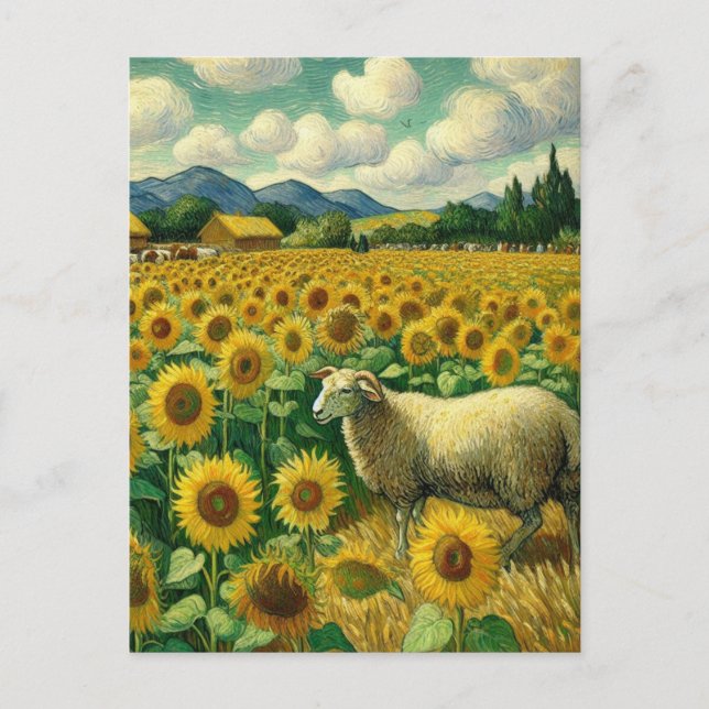 Carte Postale Moutons dans les champs de tournesol (Devant)