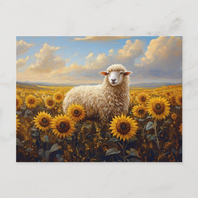 Carte Postale Moutons dans une peinture sur terrain de tournesol (Devant)