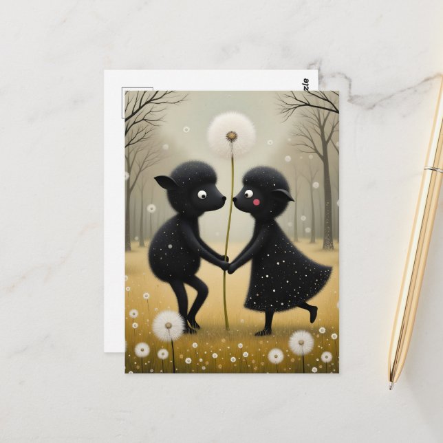 Carte Postale Moutons noirs dansant dans les pissenlits (Devant/Arrière en situation)