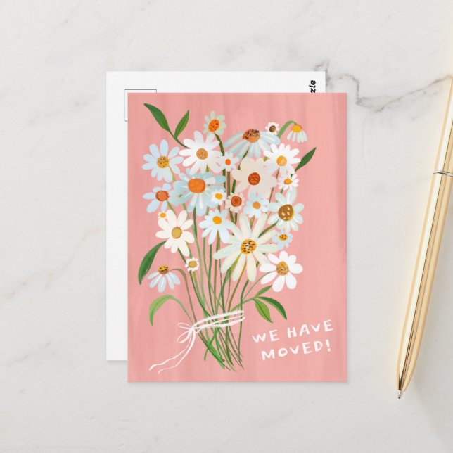 Carte Postale MOUVEMENT FAIRE-PART Cute Daisy Bouquet peint main (Devant/Arrière en situation)