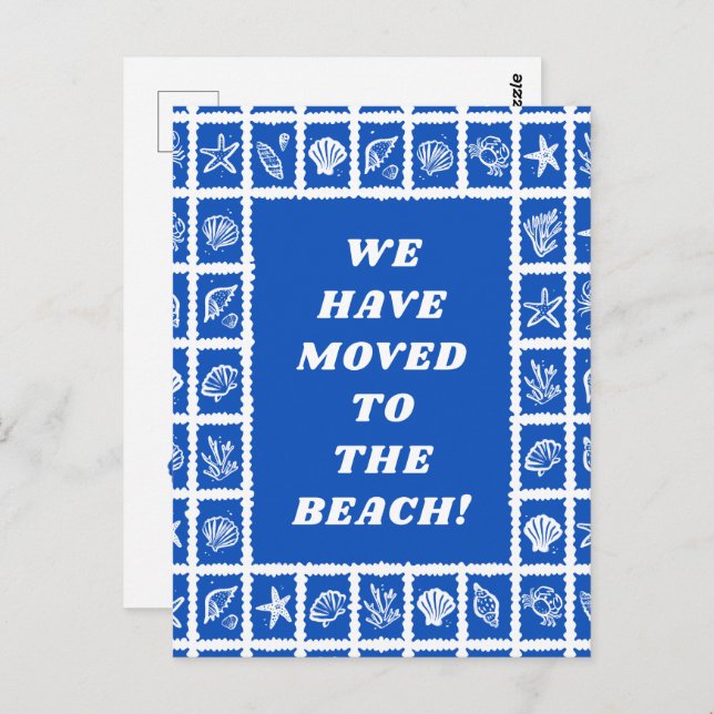Carte Postale MOVING ANNOUNCEMENT ADDRESS Blue Seashells Beach (Devant / Derrière)