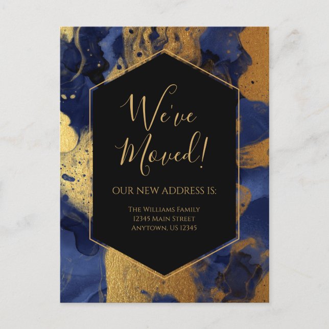 Carte Postale Moving Faire-part Gold Blue Marble Ink Moderne (Devant)
