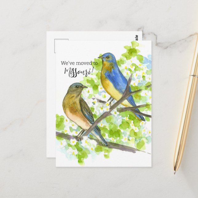 Carte Postale Moving Faire-part Missouri Bluebirds Hawthorn (Devant/Arrière en situation)