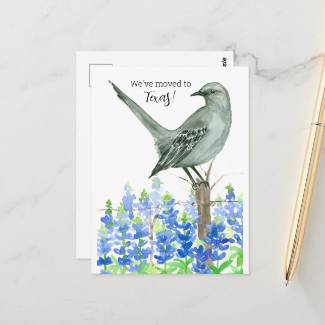 Carte Postale Moving Faire-part Texas Mockingbird Bluebonnets (Devant/Arrière en situation)