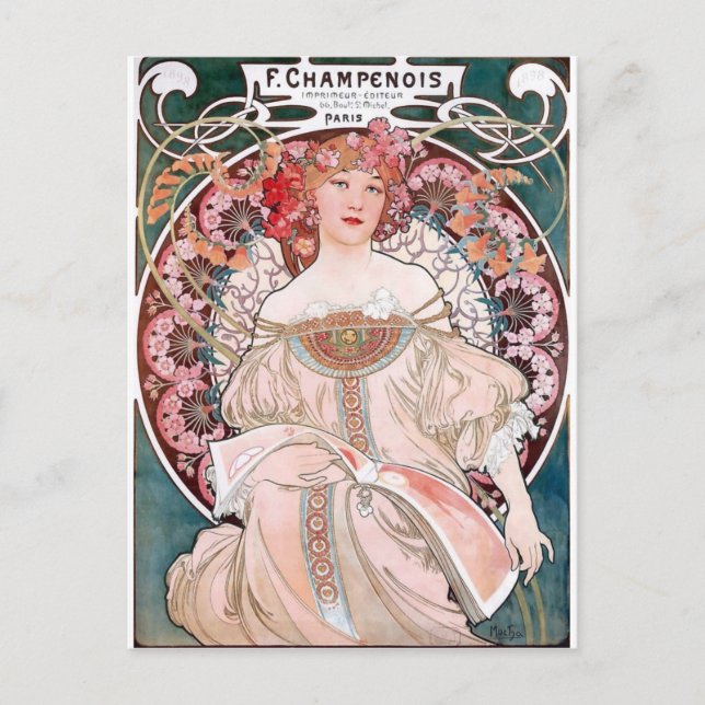 Carte Postale Mucha Champenois paris robe rose dame art déco (Devant)