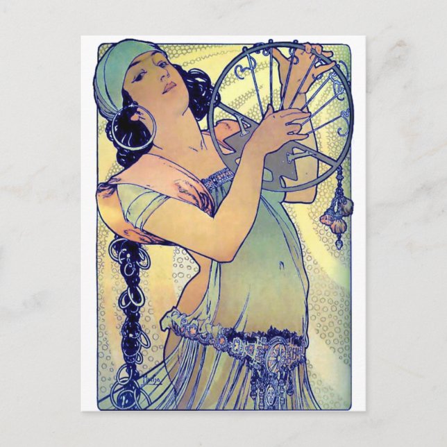 Carte Postale mucha gypsy tambourin danse musique femme (Devant)
