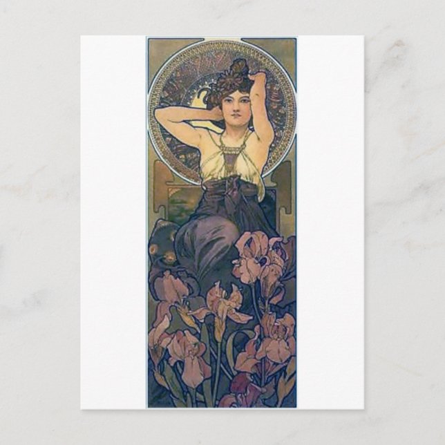 Carte Postale Mucha iris fleurs femme art déco (Devant)