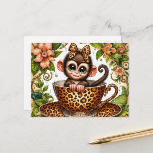 Carte Postale Muguet jungle mignon singe tasse à thé