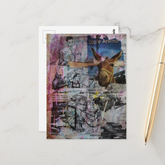 Carte Postale Mule and Men a unique Mixed Media Collage (Devant/Arrière en situation)