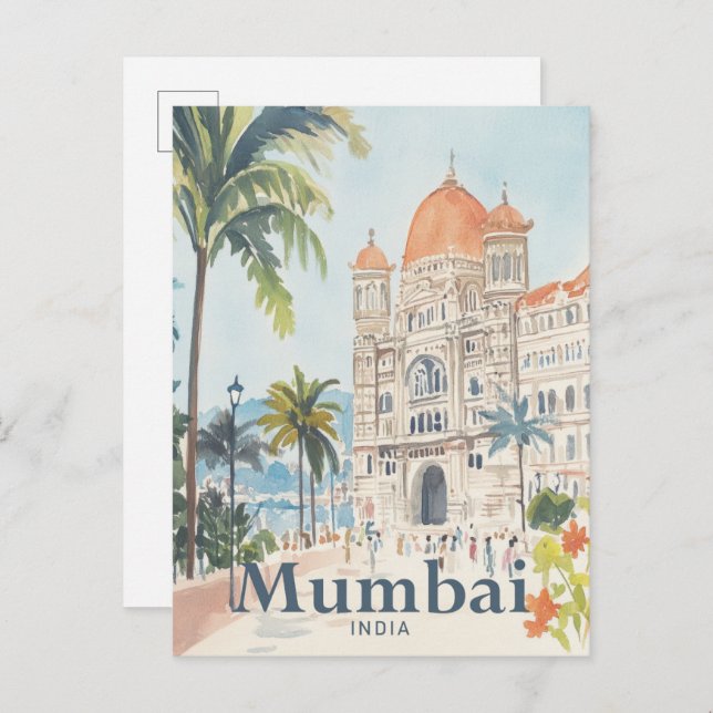Carte Postale Mumbai Inde Aquarelle Peinture Voyage (Devant / Derrière)