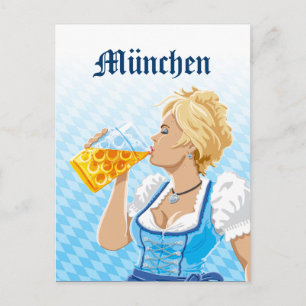 Carte Postale Munich Femme Dirndl Boire Bière