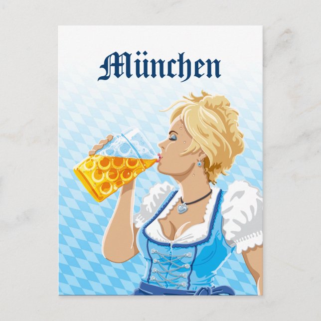 Carte Postale Munich Femme Dirndl Boire Bière (Devant)