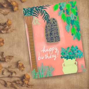 Carte Postale Mur de jardin rose Palmier exotique JOYEUX ANNIVER