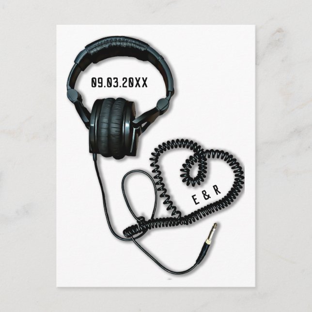 Carte Postale Music=Love Headphones Heart Enregistrer La Date Ca (Devant)