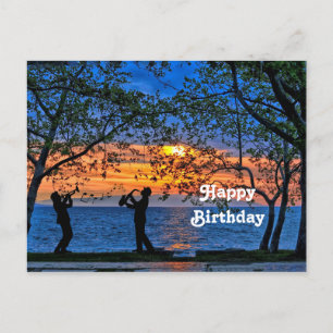 Carte Postale Musiciens du coucher de soleil côtier Silhouette A