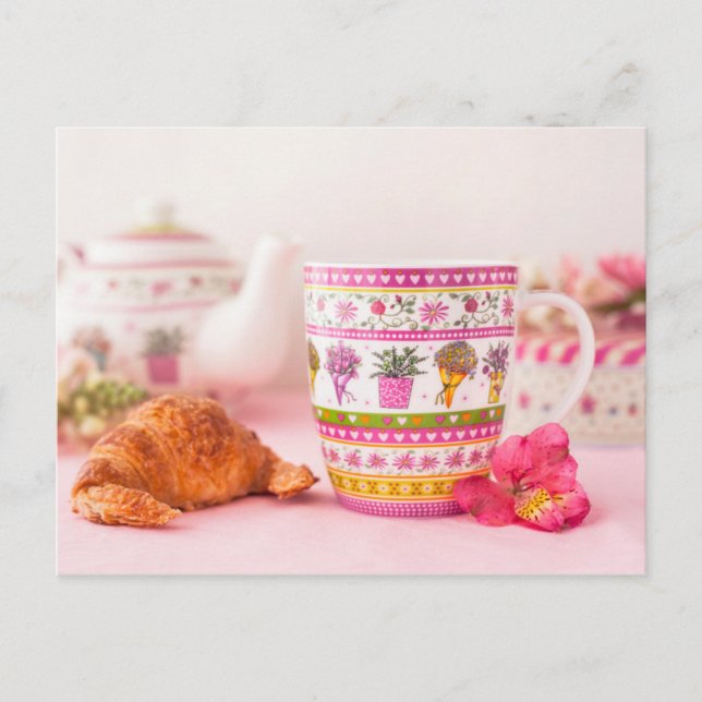 Carte Postale Musique Au Thé, Croissant Et Fleur (Devant)
