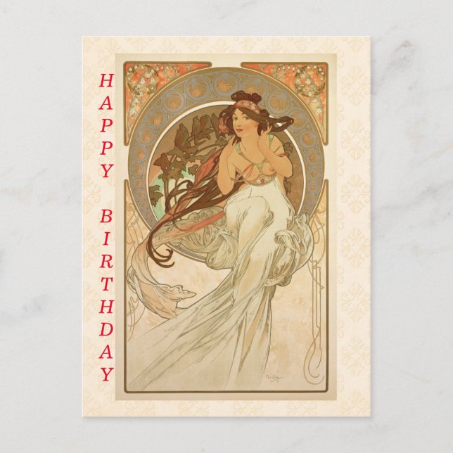 Carte Postale Musique d'Alphonse Mucha, Joyeux anniversaire (Devant)