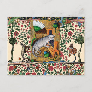 CARTE POSTALE MUSIQUE MÉDIÉVALE ÉTRANGE BESTIAIRE,CHAT JOUANT DE