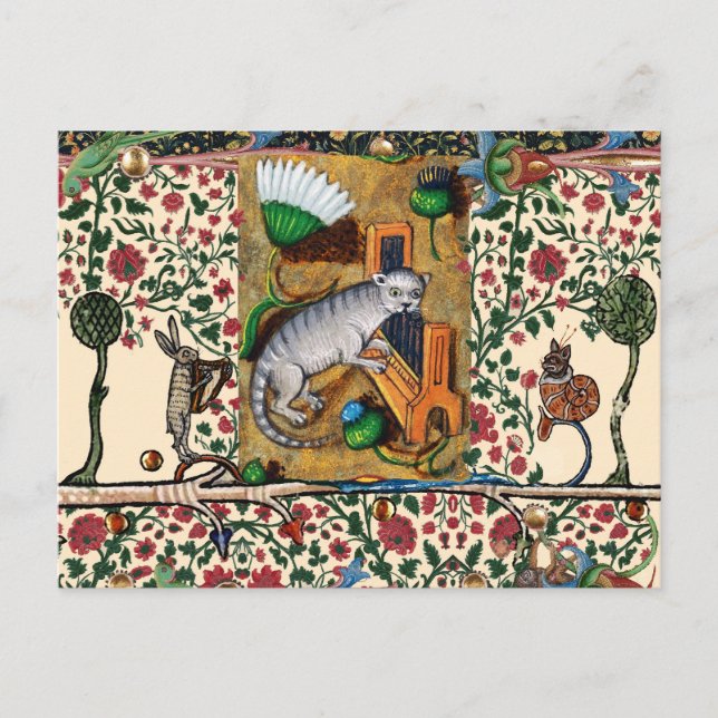 CARTE POSTALE MUSIQUE MÉDIÉVALE ÉTRANGE BESTIAIRE,CHAT JOUANT DE (Devant)