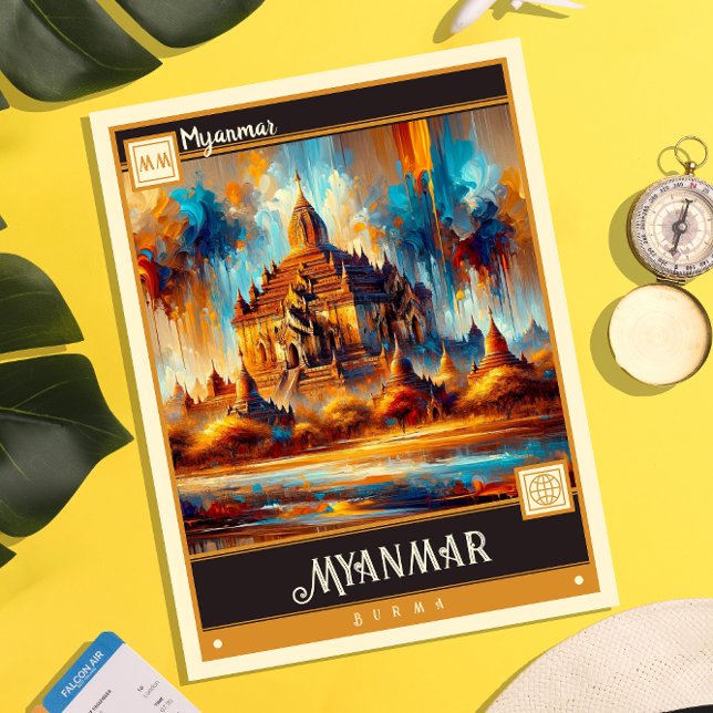 Carte Postale Myanmar | Peinture Vintage (Créateur téléchargé)