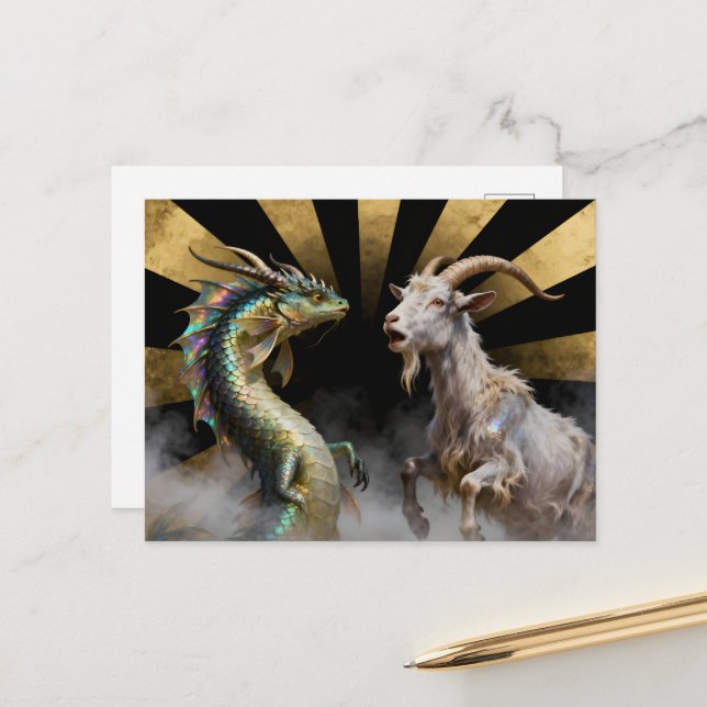 Carte Postale Mythical Goat-Dragon Creatures Surprised (Devant/Arrière en situation)