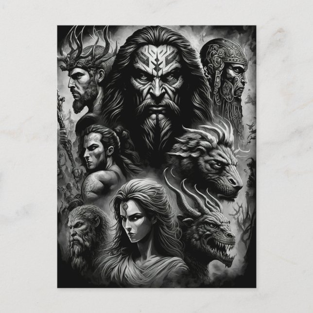 Carte Postale Mythologie grecque Dieux et monstres noirs et blan (Devant)