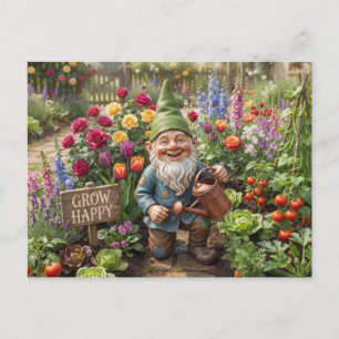 Carte Postale Nain de jardin souriant arrosant des fleurs dans u