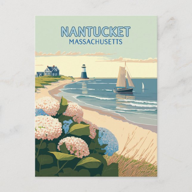 Carte Postale Nantucket Beach Hydrangeas Lighthouse Rétro (Devant)
