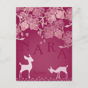 Carte Postale Nara Japan Sakura Deer Hand Illustré