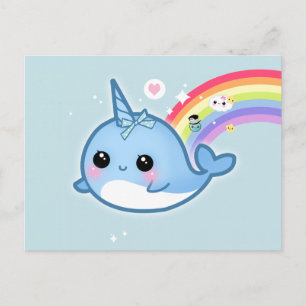 Carte Postale narval de Cute kawaii avec arc-en-ciel et étoiles 