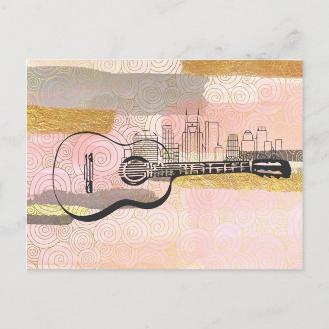 Carte Postale Nashville Skyline Guitare Aquarelle Design (Devant)