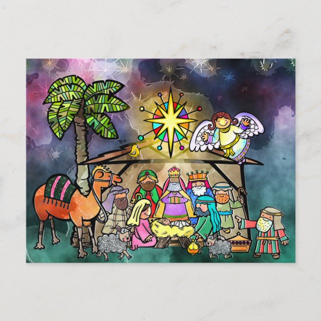 Carte Postale Nativité de Noël aquarelle Doodle Scène (Devant)