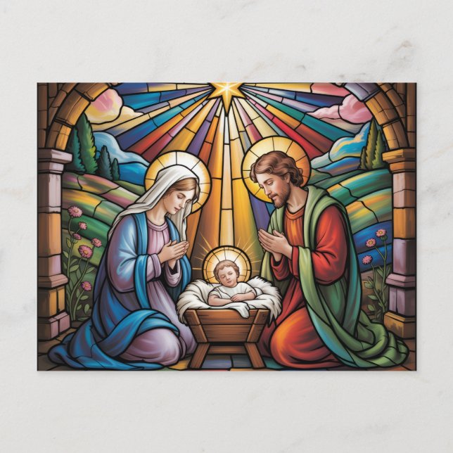 Carte Postale Nativity Stained Glass Art – Holy Family Christmas (Devant)